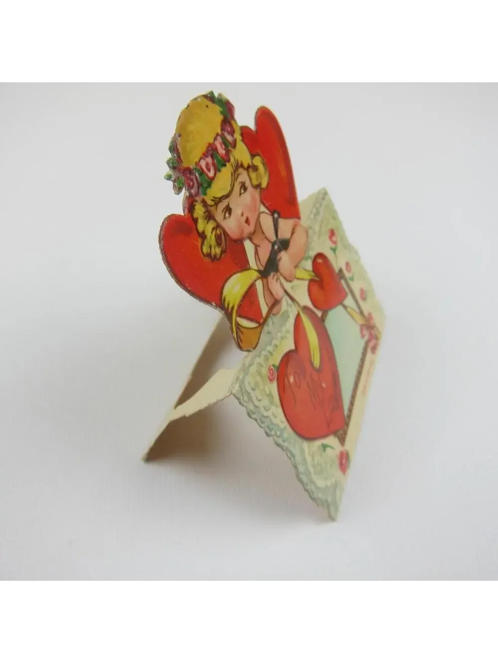 Vintage Valentine Card Cutout Stand Up Girl Blonde Hair Flower Wreath UNSIGNED